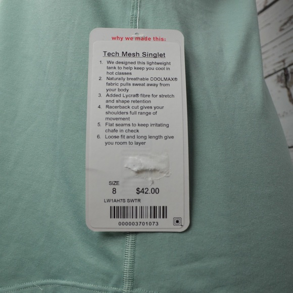 Lululemon Tech Mesh Singlet Size 8 Color =SWTR - Picture 3 of 4
